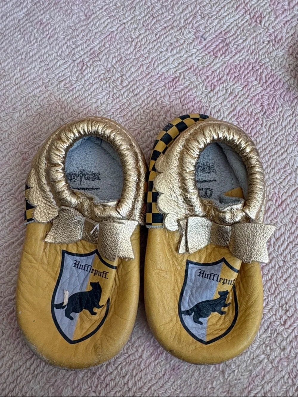 Freshly Picked White Patterned Moccasins & Gold Hufflepuff Soft Soles